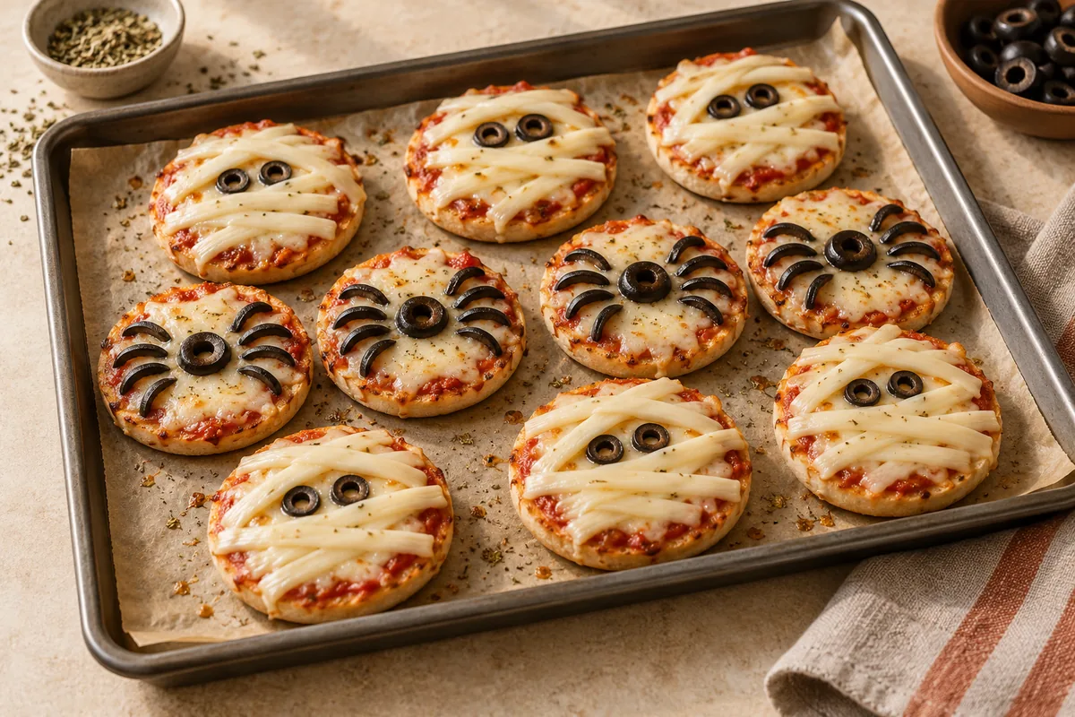 Bake 5 minutes until the cheese has melted. For mummies, lay string cheese strips across in a crisscross pattern with two olive-ring eyes peeking out. For spiders, place an olive ring in the middle with 4 slivers on each side as legs.