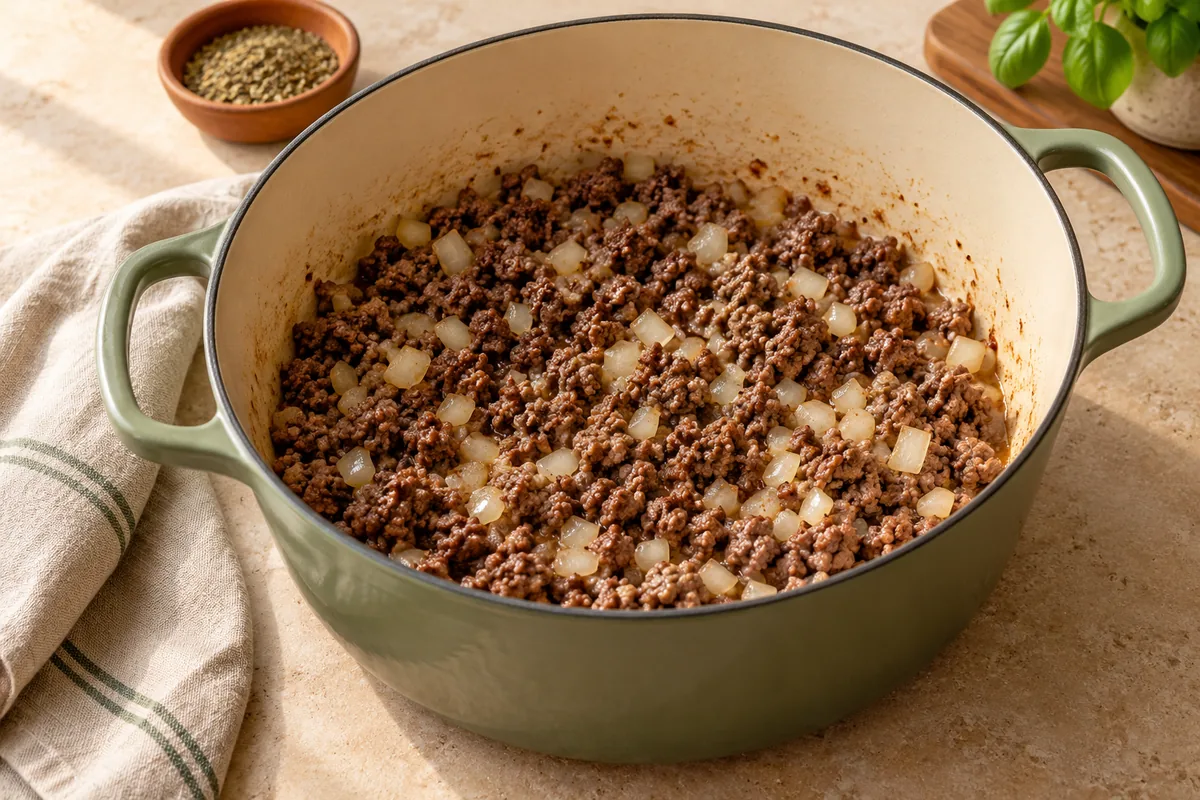 Heat the oil in a large pot or Dutch oven over medium-high heat. Add the beef and onion and cook 4 to 5 minutes, breaking up the meat, until browned.