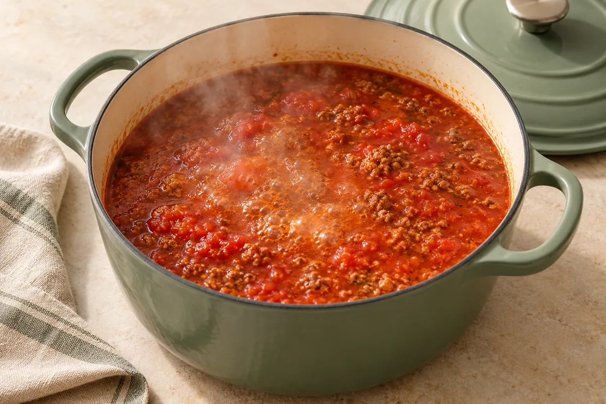 Add the crushed tomatoes and broth, cover and bring to a rolling boil.