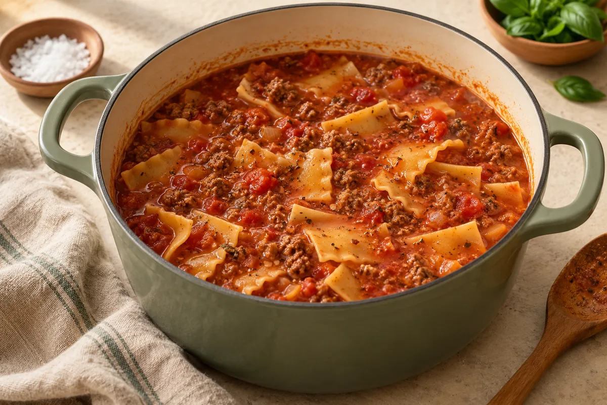Add the broken lasagna noodles and salt. Simmer uncovered 8 to 10 minutes, stirring often so the noodles do not stick, until tender.