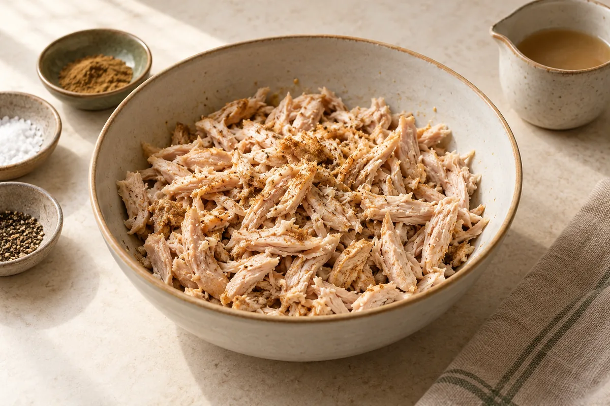 Toss the shredded turkey with the cumin, salt and pepper. If it is dry, add a spoonful of leftover gravy or broth.