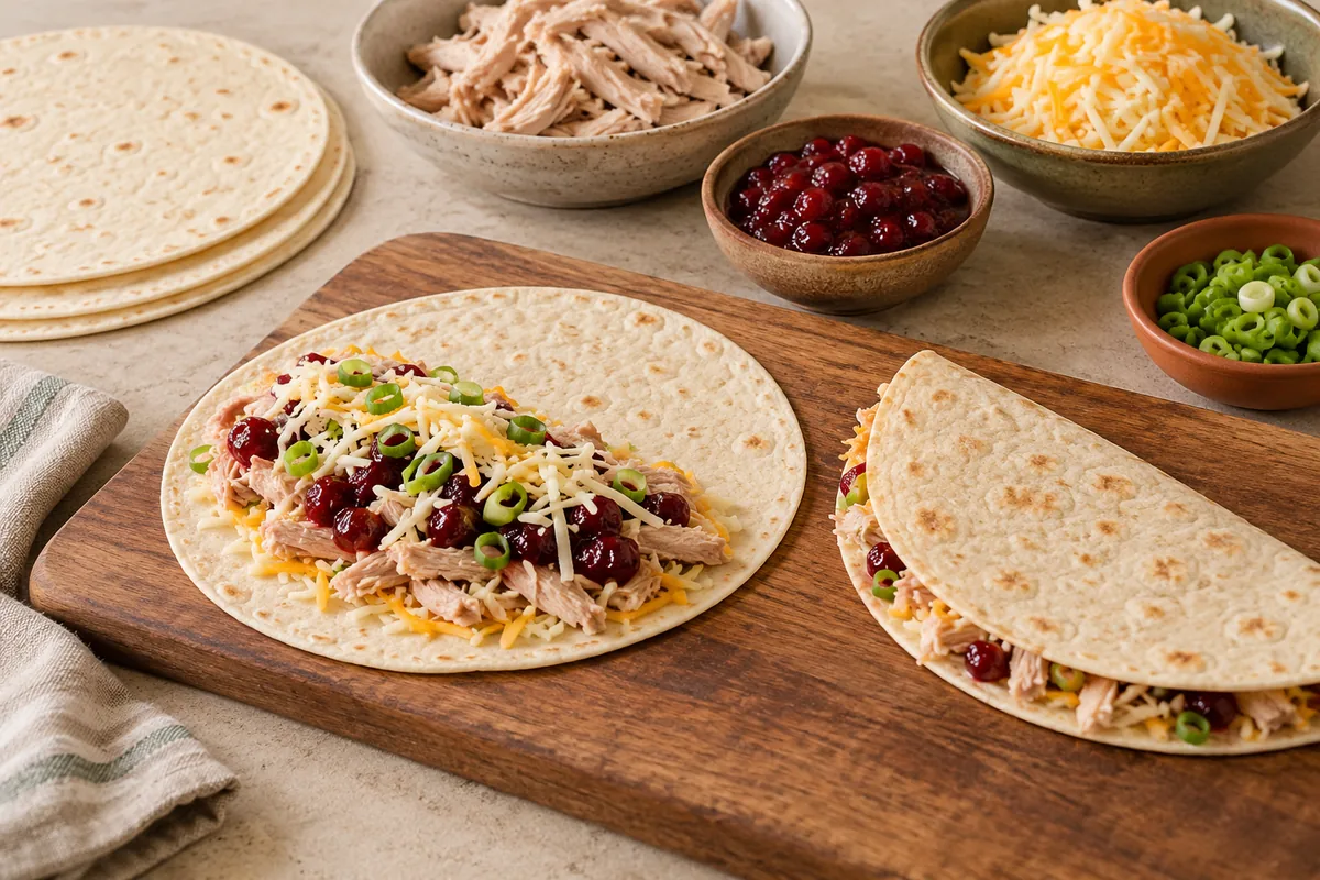 Lay the tortillas flat. On one half of each, scatter some of the cheeses, then the turkey, a spoonful of cranberry sauce, the green onions and a little more cheese. Fold over and press gently.