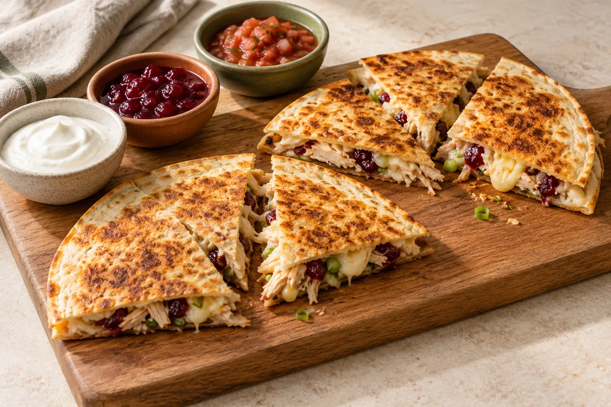 Rest 1 minute, then cut each quesadilla into wedges. Serve with sour cream, extra cranberry sauce and salsa.