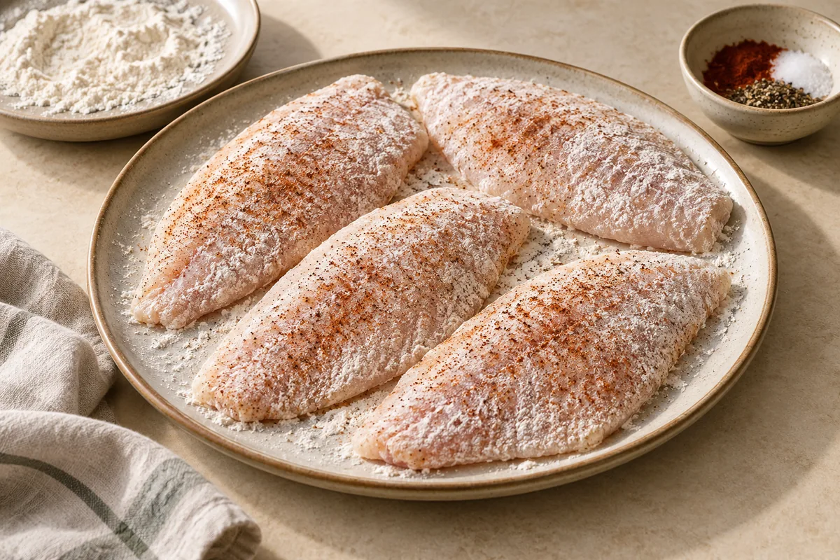 Pat the tilapia fillets very dry with paper towels. Season both sides with salt, pepper, and paprika, then dredge lightly in the flour and shake off the excess.