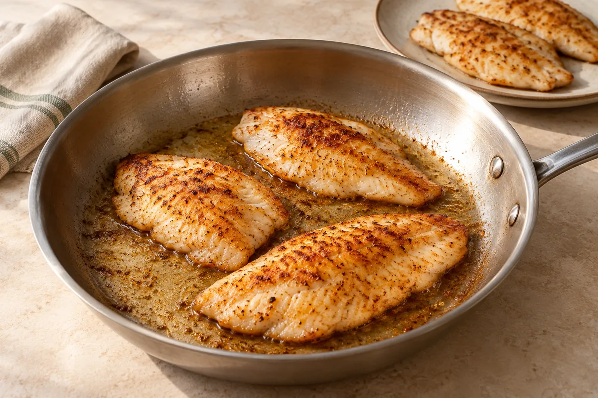 Heat the olive oil in a 12-inch skillet over medium-high heat until it shimmers. Add the fillets (in two batches if they don't fit without overlapping) and cook 2 to 3 minutes, until golden underneath and they release easily. Flip and cook 1 to 2 minutes more, until opaque and flaking, 145°F (63°C). Transfer to a plate.