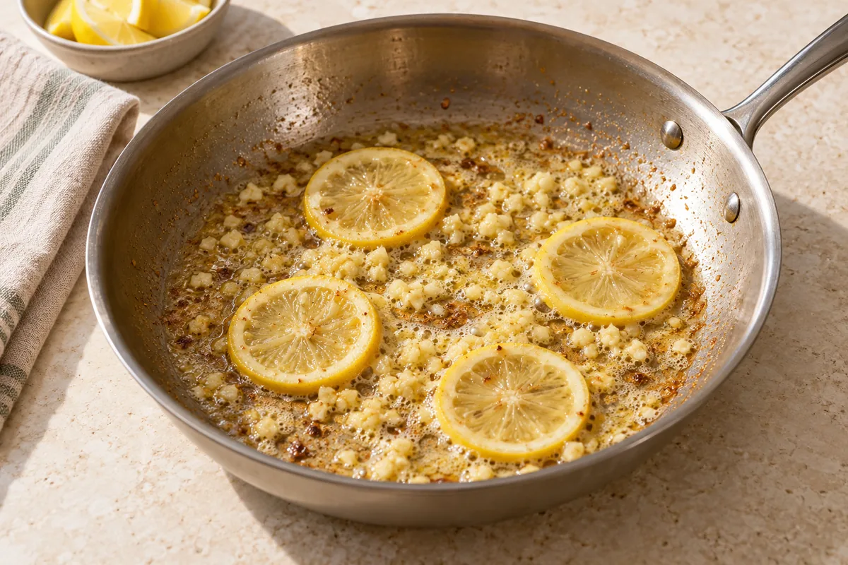 Lower the heat to medium-low. Add the butter, garlic, and lemon slices to the pan and cook 30 to 60 seconds, stirring, until the garlic smells fragrant but isn't browned.