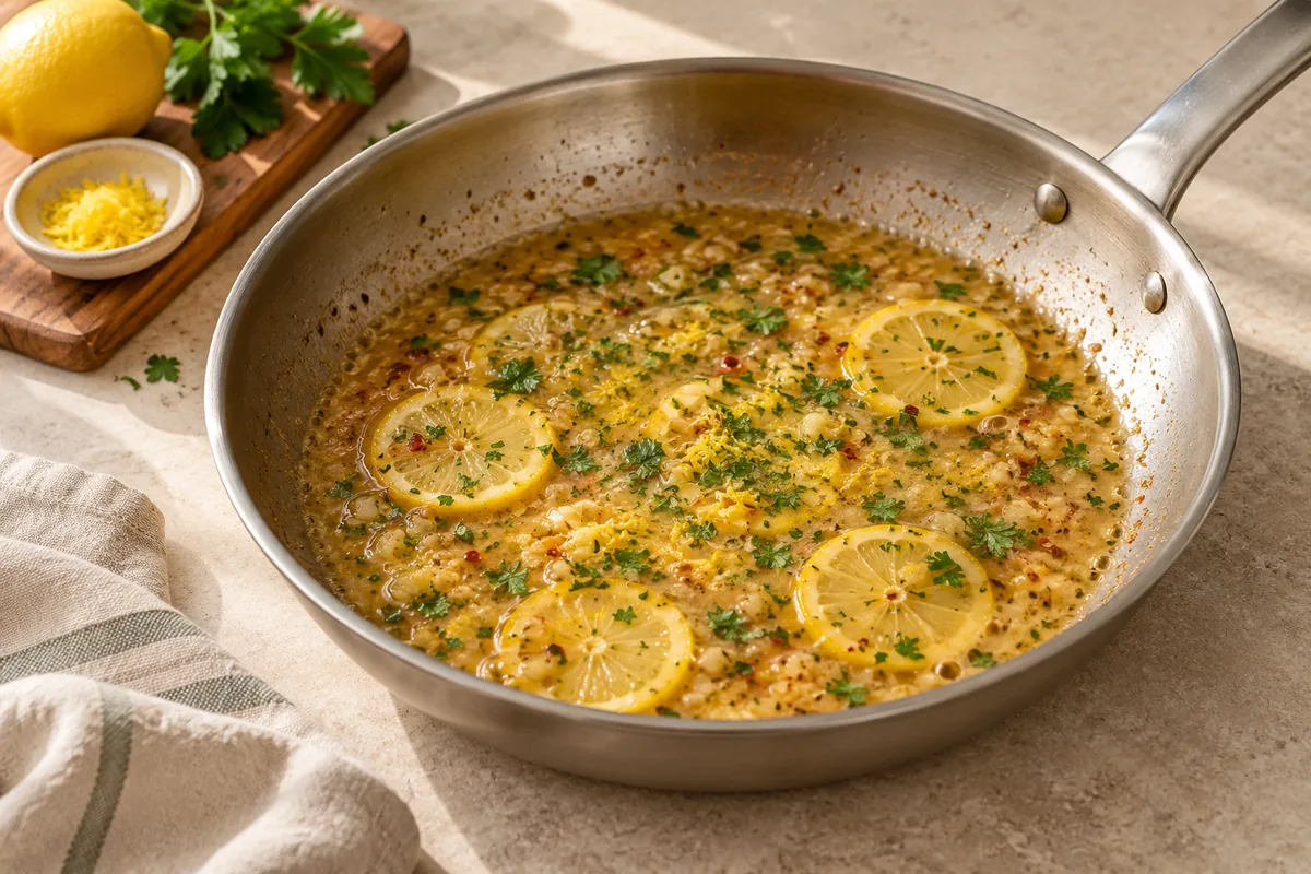 Pour in the broth, lemon juice, lemon zest, and red pepper flakes. Simmer 1 to 2 minutes, scraping up the browned bits, until slightly reduced. Stir in the parsley and taste for salt.