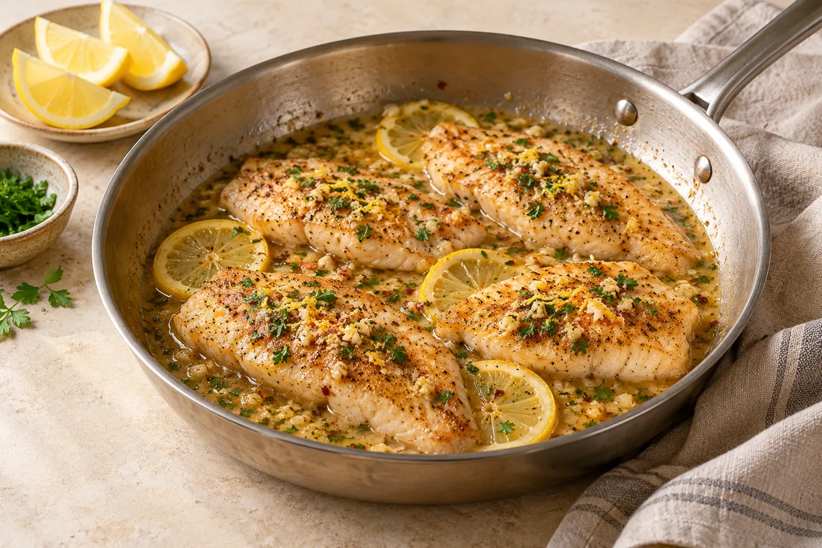 Return the tilapia to the skillet, spoon the sauce over the top, and serve right away with lemon wedges.
