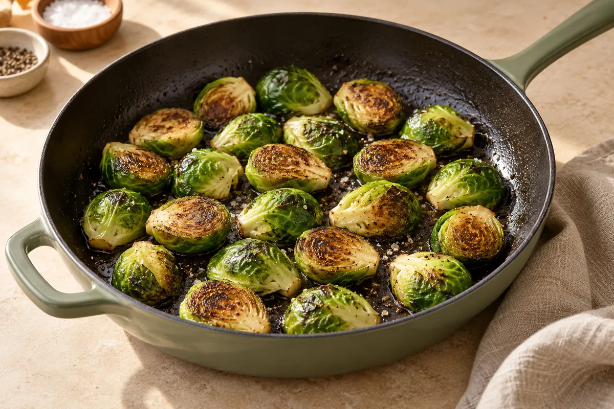 Heat the oil in a large skillet over medium-high heat. Place the Brussels sprouts cut-side down in a single layer and sprinkle with the salt and pepper. Cook without moving for 4 to 5 minutes, until deeply browned underneath.