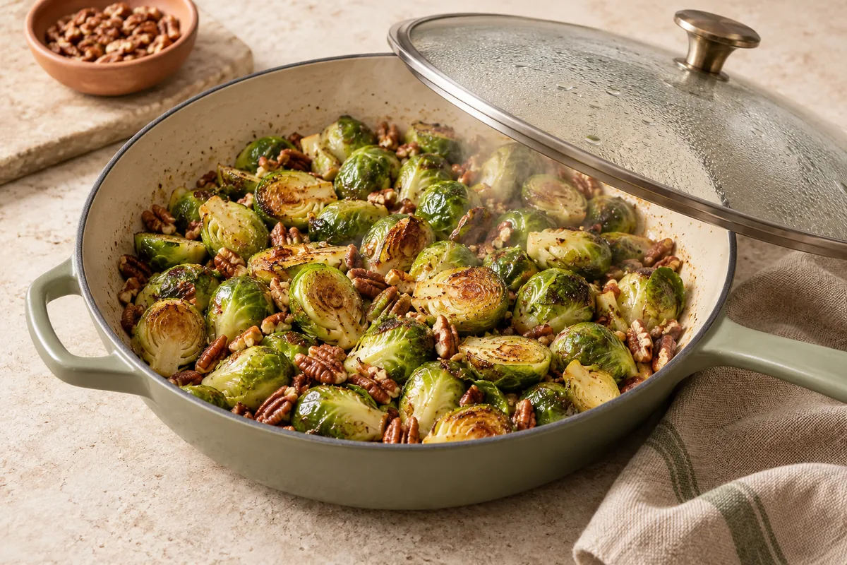 Stir, add the pecans and cook 2 minutes more, until the pecans smell toasty. Add 2 tbsp water and cover for 1 minute to steam the sprouts until just tender.