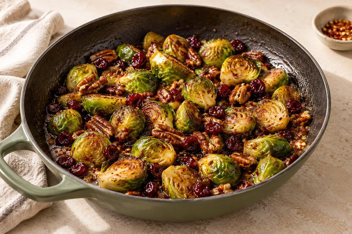 Uncover, add the butter, maple syrup, vinegar, cranberries and red pepper flakes. Toss for 1 to 2 minutes until the glaze bubbles and coats the sprouts.