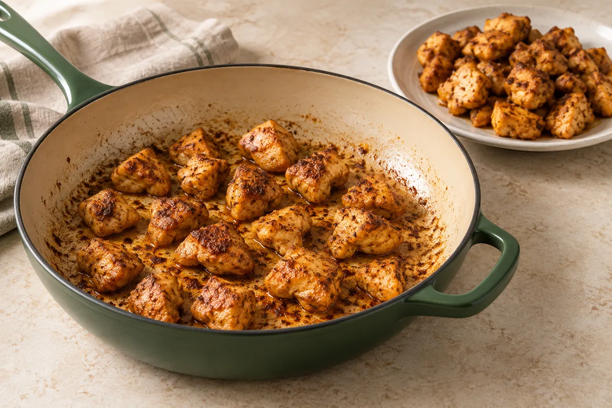 In a bowl, toss the chicken with the cumin, paprika, ginger, turmeric, cinnamon, 1/2 tsp of the salt and the pepper. Heat the oil in a large, deep 12-inch skillet with a lid over medium-high heat. Add the chicken in a single layer and cook for 5 to 6 minutes, turning once or twice, until browned and cooked through (165°F). Transfer to a plate.