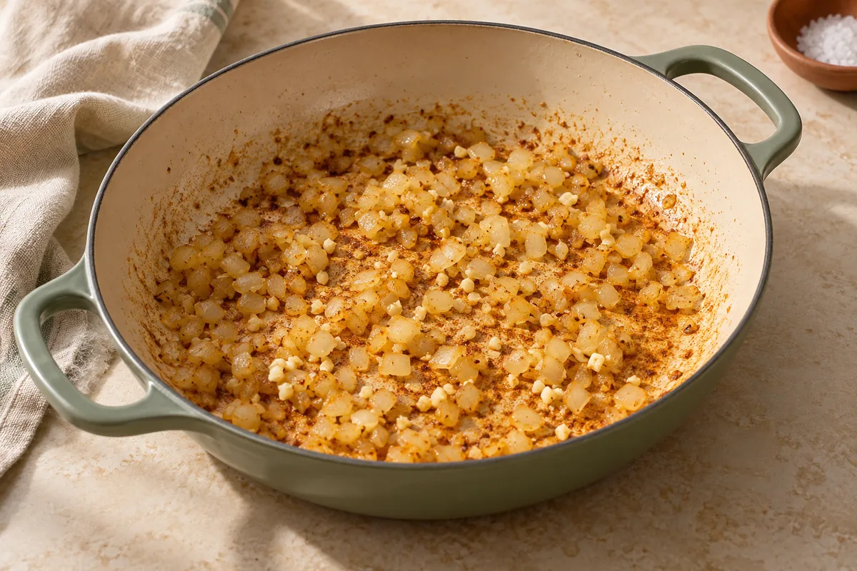 Reduce the heat to medium. Add the onion to the same pan with a pinch of salt and cook for 3 minutes, until softened, scraping up the spiced browned bits. Stir in the garlic and cook for 30 seconds.