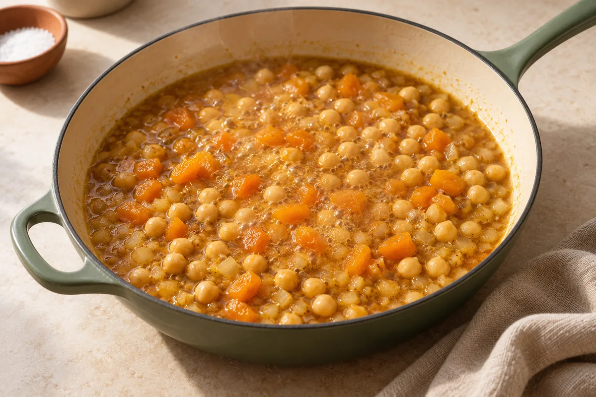 Pour in the broth, then add the chickpeas, apricots and remaining 1/2 tsp salt. Bring to a boil, about 2 minutes.