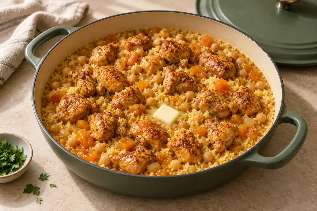 Stir in the couscous and butter (if using), then set the chicken and any juices on top. Cover, take the pan off the heat and let it stand for 5 minutes, until the couscous has absorbed the broth.