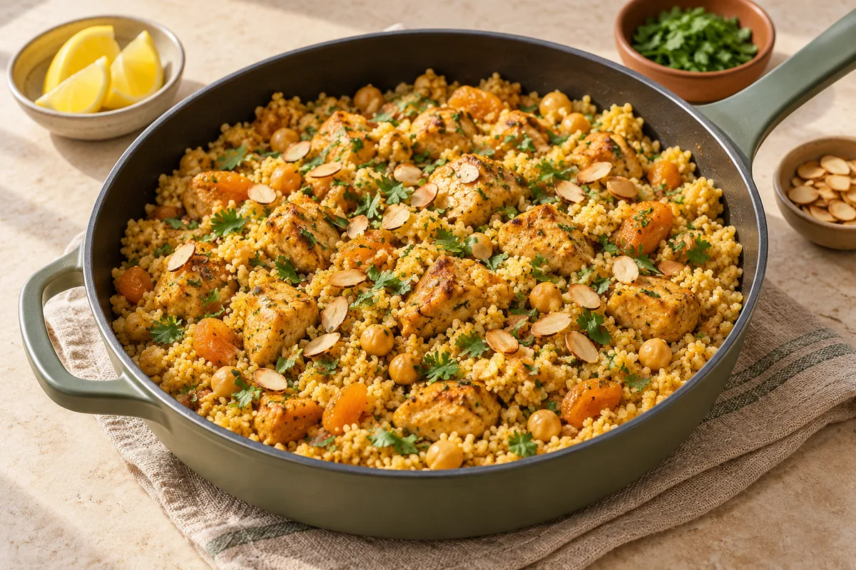 Fluff everything together with a fork, drizzle with the lemon juice, and scatter with cilantro and almonds. Taste for salt and serve hot.