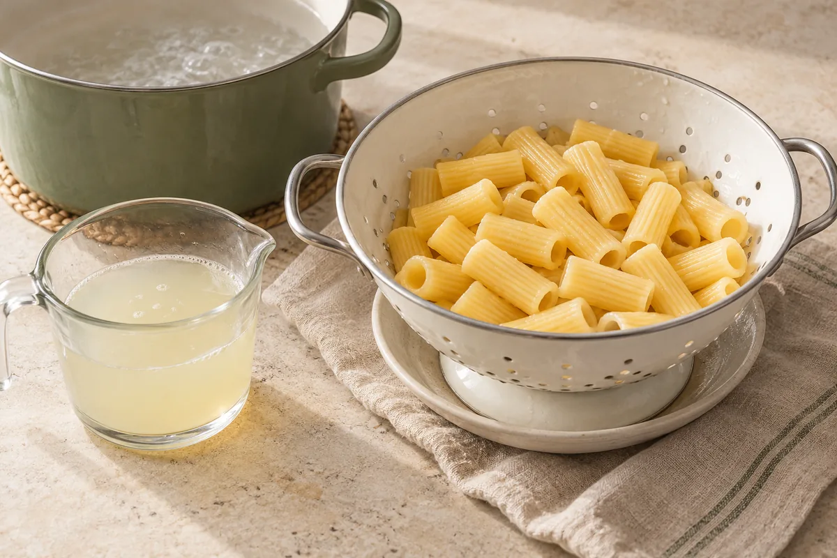 Bring a large pot of salted water to a boil (start with hot water from the kettle). Cook the pasta 1 minute less than the package says. Reserve 1 cup of pasta water, then drain.