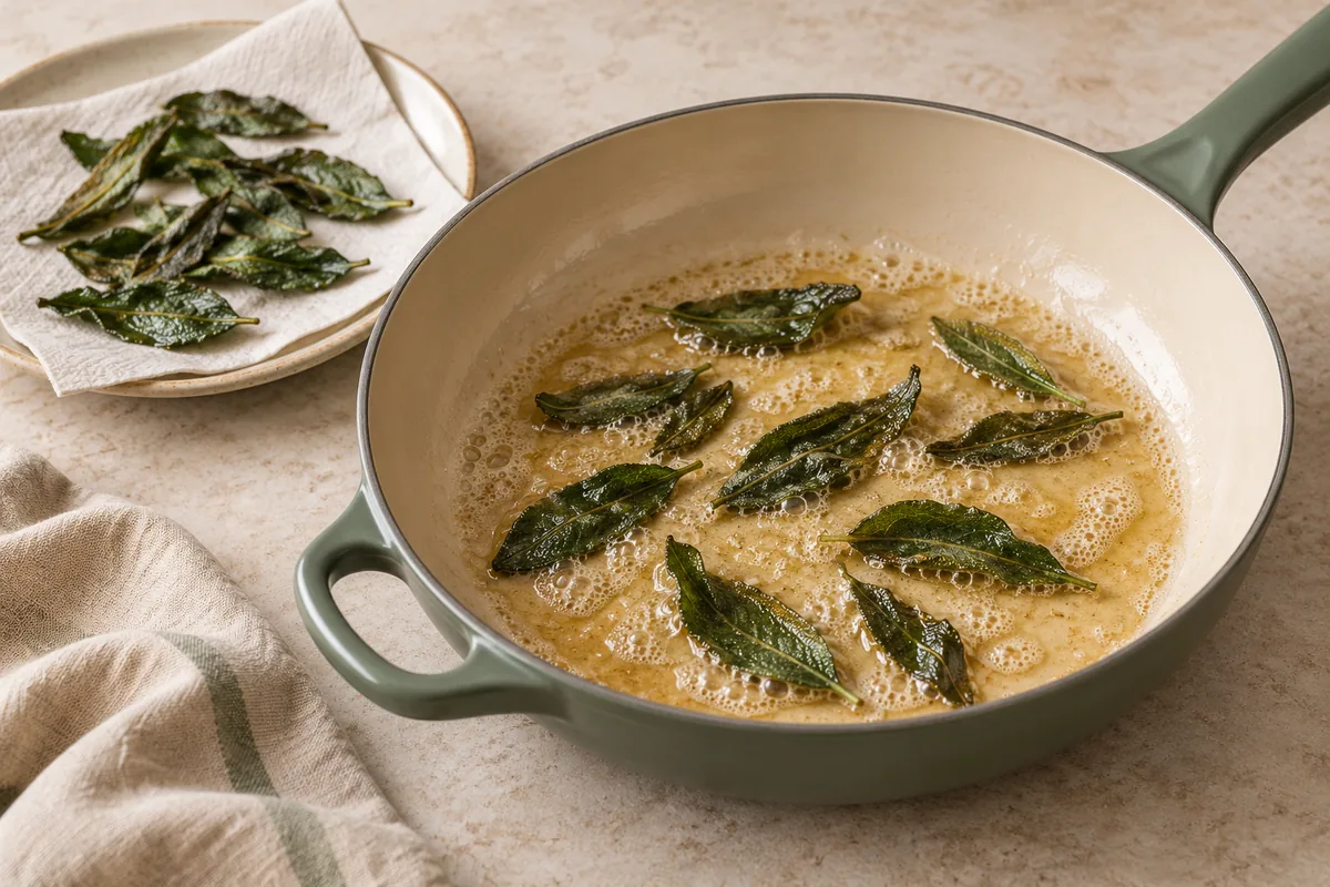 Meanwhile, melt the butter in a large skillet over medium heat. Add the sage leaves and fry 1 to 2 minutes until crisp. Lift them out onto a plate.
