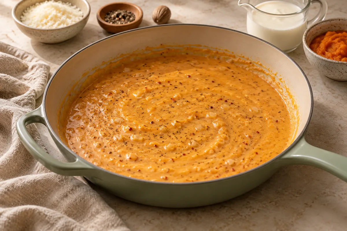 Add the shallot and garlic to the sage butter and cook 1 to 2 minutes until soft. Stir in the pumpkin puree, cream, nutmeg, pepper flakes, salt and black pepper and simmer 2 minutes.