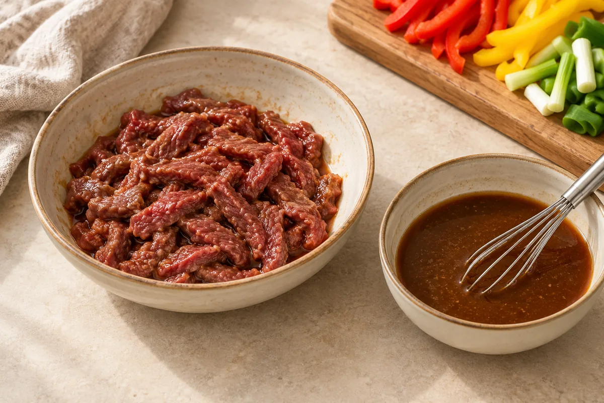 Slice the flank steak in half lengthwise with the grain, then cut each piece across the grain into strips about 1/4 inch thick. Toss with the marinade soy sauce and cornstarch and set aside while you prep the vegetables. In a small bowl, stir together all the sauce ingredients.