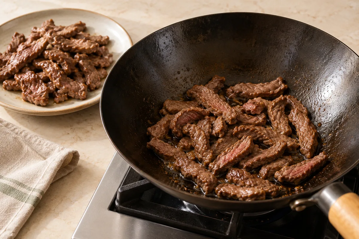 Heat 1 tbsp of the oil in a wok or large skillet over high heat until it just starts to smoke. Add half the beef in a single layer and sear without stirring for 1 minute, then stir-fry for 30 to 60 seconds until browned but still slightly pink inside. Move to a plate and repeat with the remaining beef.