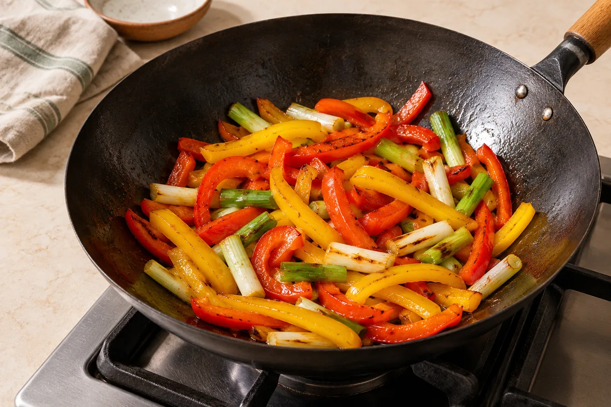 Add the remaining 1 tbsp oil to the wok. Add the bell peppers and the white parts of the green onions and stir-fry for 2 to 3 minutes, until crisp-tender and lightly charred at the edges.