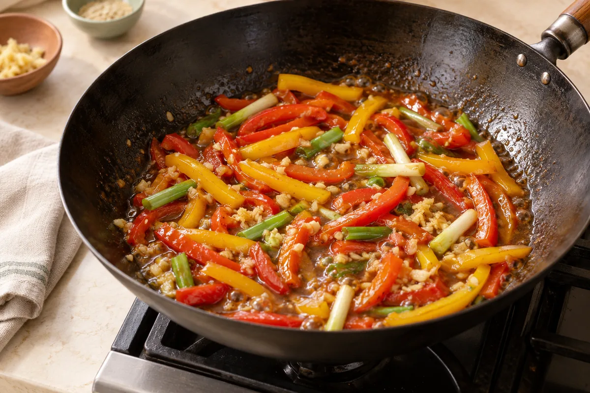 Add the garlic and ginger and stir for 30 seconds until fragrant. Stir the sauce (the cornstarch settles), pour it in and let it bubble for about 30 seconds until it thickens.