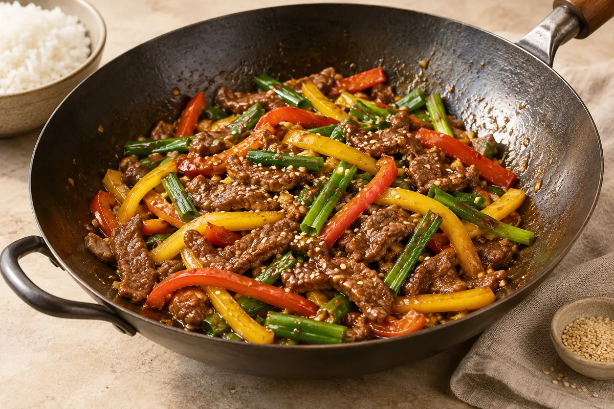 Return the beef and any juices to the wok with the green onion tops. Toss for 30 to 60 seconds until everything is glossy and the beef is hot. Sprinkle with sesame seeds and serve over jasmine rice.