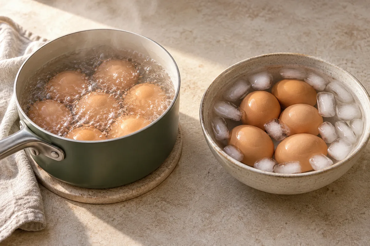 Bring a medium saucepan of water to a boil (starting with hot water from the kettle is fastest). Gently lower in the eggs, keep at a steady boil for 9 minutes, then move them to a bowl of ice water.