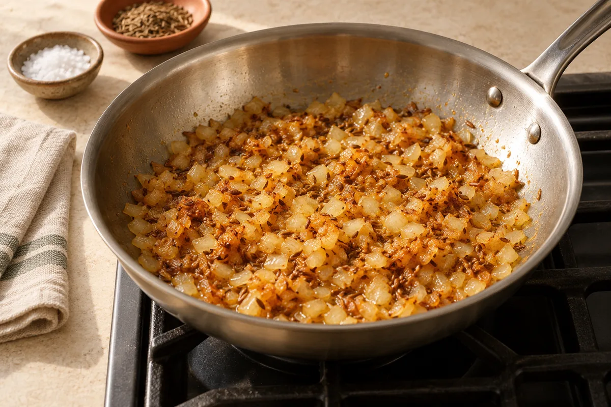 Meanwhile, heat the oil in a wide 10- to 11-inch skillet or saute pan over medium-high heat. Add the cumin seeds and let them sizzle for about 20 seconds, then add the onion with a pinch of the salt. Cook 5 to 6 minutes, stirring often, until golden brown.