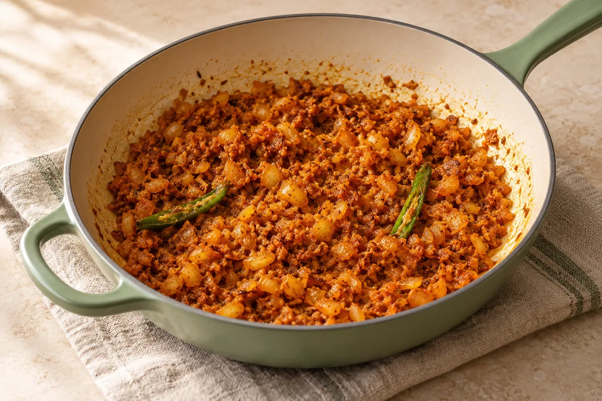 Stir in the ginger-garlic paste and green chili and cook 1 minute. Lower the heat to medium, add the turmeric, chili powder, coriander and half the garam masala, and stir for 30 seconds.