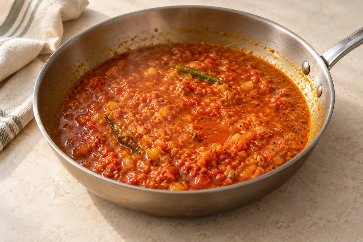 Add the tomatoes and remaining salt. Cook 3 to 4 minutes, stirring, until the mixture is thick and jammy and the oil starts to separate at the edges. Pour in the hot water and simmer 2 minutes.