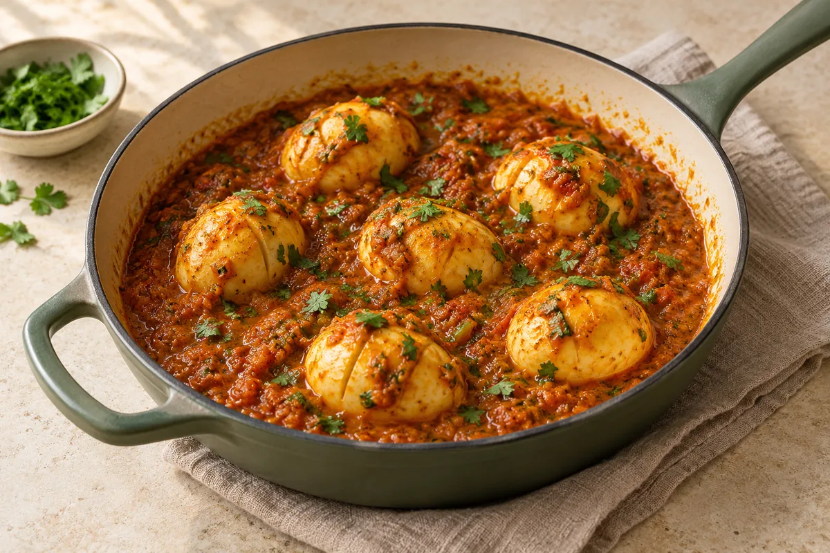 Peel the eggs and cut 3 or 4 shallow slits in each. Nestle them into the gravy and spoon it over them; simmer 2 minutes. Off the heat, stir in the yogurt (if using), the rest of the garam masala and the cilantro. Serve the eggs whole or halved, with chapati, paratha or rice.