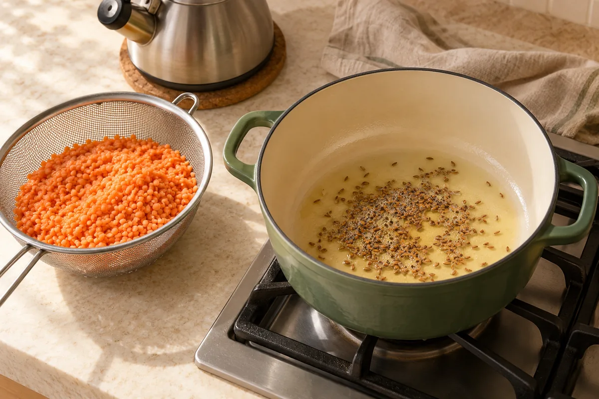 Rinse the lentils in a fine-mesh sieve under cold water, rubbing them with your fingers, until the water runs mostly clear. Put the kettle on. Heat the oil in a 3- to 4-quart saucepan over medium-high heat, add the cumin seeds and let them sizzle 20 to 30 seconds, until fragrant and a shade darker.