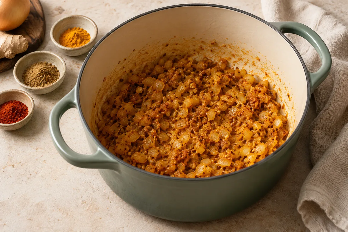 Add the onion with a pinch of salt and cook 3 minutes, stirring often, until softened and golden at the edges. Add the garlic, ginger, turmeric, coriander and chili powder and stir for 30 seconds.