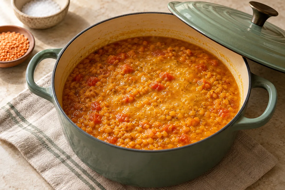 Add the tomato, the drained lentils, 3 1/2 cups of hot water from the kettle and the salt. Bring to a boil, then lower the heat to a lively simmer, partially cover and cook 12 to 14 minutes, stirring every few minutes, until the lentils are completely soft and collapsing into a thick, creamy dal. Add a splash more hot water if it gets thicker than you like.
