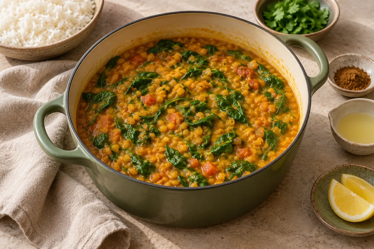 Stir in the spinach a handful at a time until it wilts, about 1 minute. Turn off the heat, stir in the garam masala and lemon juice, taste and add more salt or lemon if needed. Serve with rice or warm naan, topped with cilantro.
