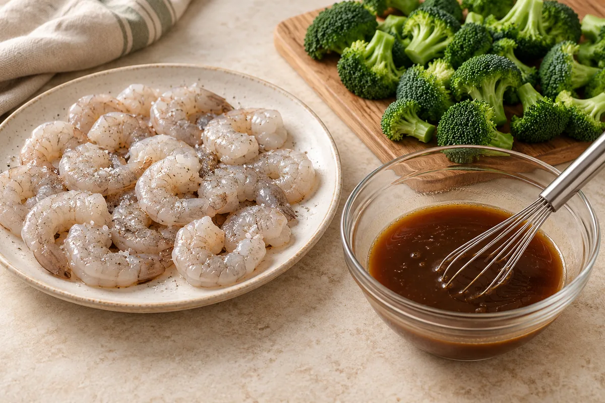 Whisk broth, soy sauce, oyster sauce, honey, cornstarch, and sesame oil in a small bowl. Pat the shrimp very dry and season lightly with salt.