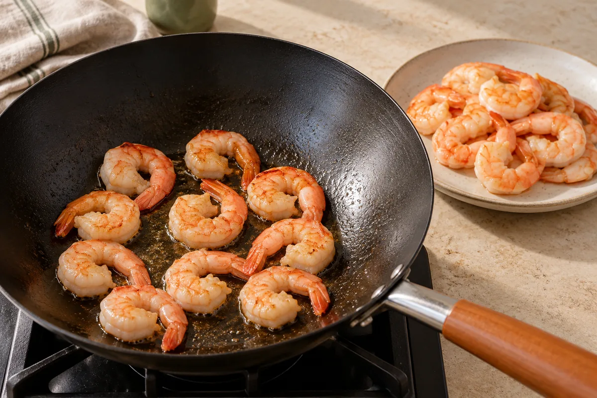 Heat 1 tbsp oil in a wok or large skillet over high heat. Add shrimp in a single layer and cook about 1 minute per side, until pink but not fully cooked through. Transfer to a plate.