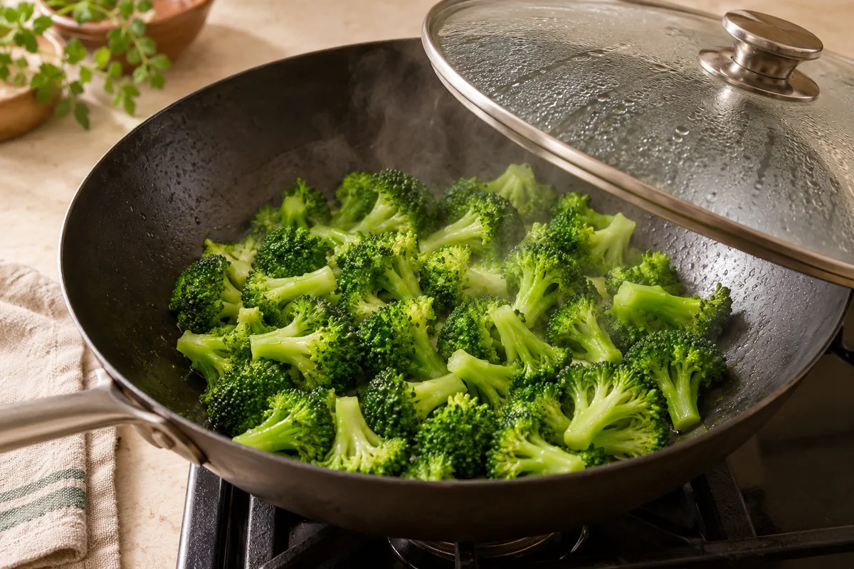 Add remaining oil and the broccoli; stir-fry 1 minute. Add 3 tbsp water, cover, and steam 2 minutes until bright green and crisp-tender.