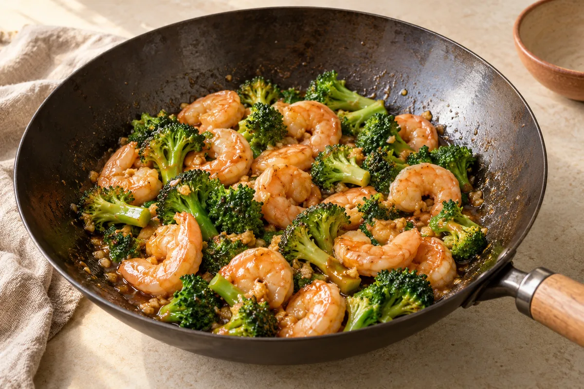 Uncover, push broccoli aside, and stir garlic and ginger in the clearing for 30 seconds. Return the shrimp, stir the sauce, and pour it in. Toss 1–2 minutes until glossy and the shrimp are opaque, 145°F (63°C).
