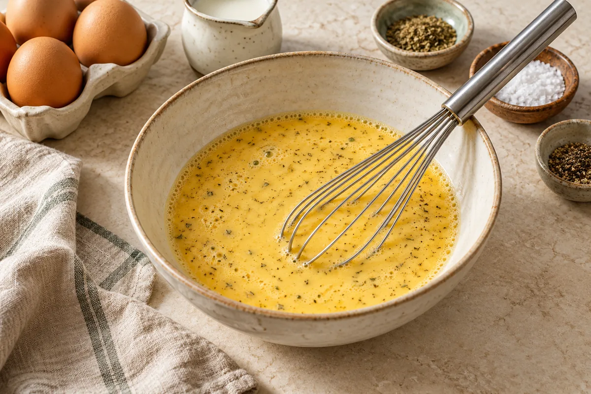 Position an oven rack about 6 inches below the broiler and turn the broiler on. Whisk eggs, milk, salt, pepper, and oregano until no streaks of white remain.