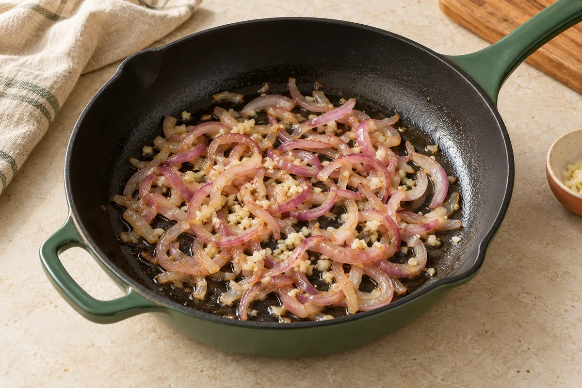 Heat oil in a 10-inch oven-safe nonstick or cast-iron skillet over medium heat. Cook onion 3 minutes until soft, then add garlic for 30 seconds.