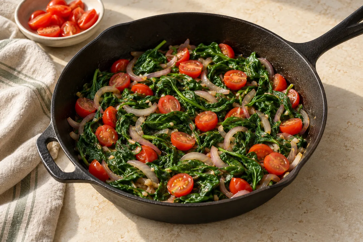 Add spinach by the handful, stirring until wilted, about 2 minutes. Spread the vegetables evenly and scatter in the tomatoes.