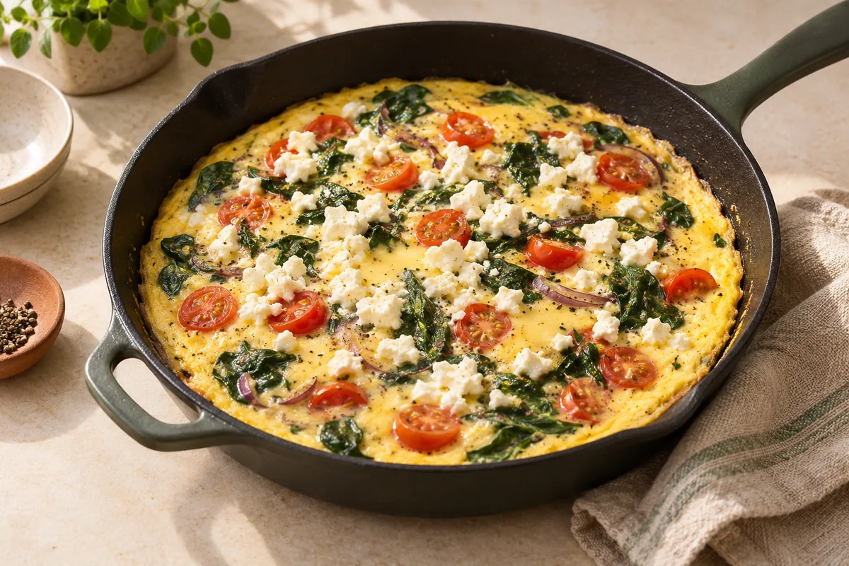 Pour in the eggs and sprinkle with feta. Cook without stirring 5–6 minutes, lifting the edges with a spatula so raw egg flows underneath, until the edges are set but the center is still slightly wet.