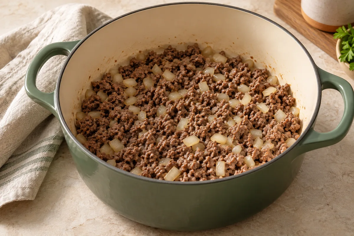 Heat the oil in a large pot or Dutch oven over medium-high heat. Add the beef and onion and cook 5 minutes, breaking up the meat, until browned with no pink left. Spoon off excess fat if needed.