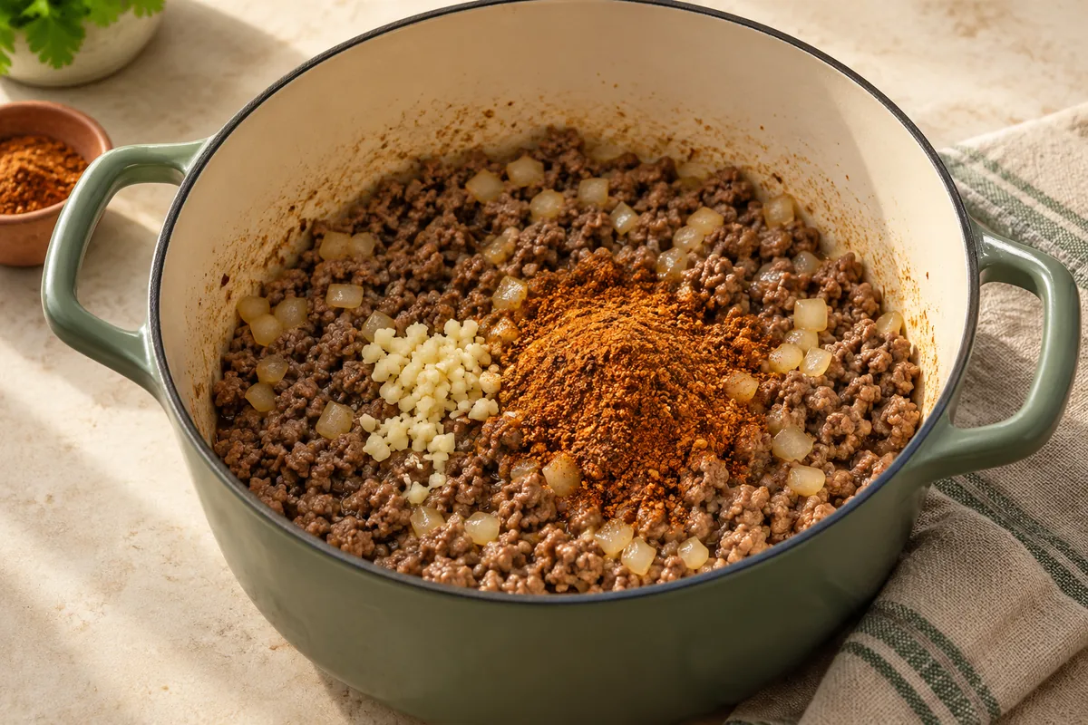 Stir in the garlic and taco seasoning and cook 30 seconds until fragrant.