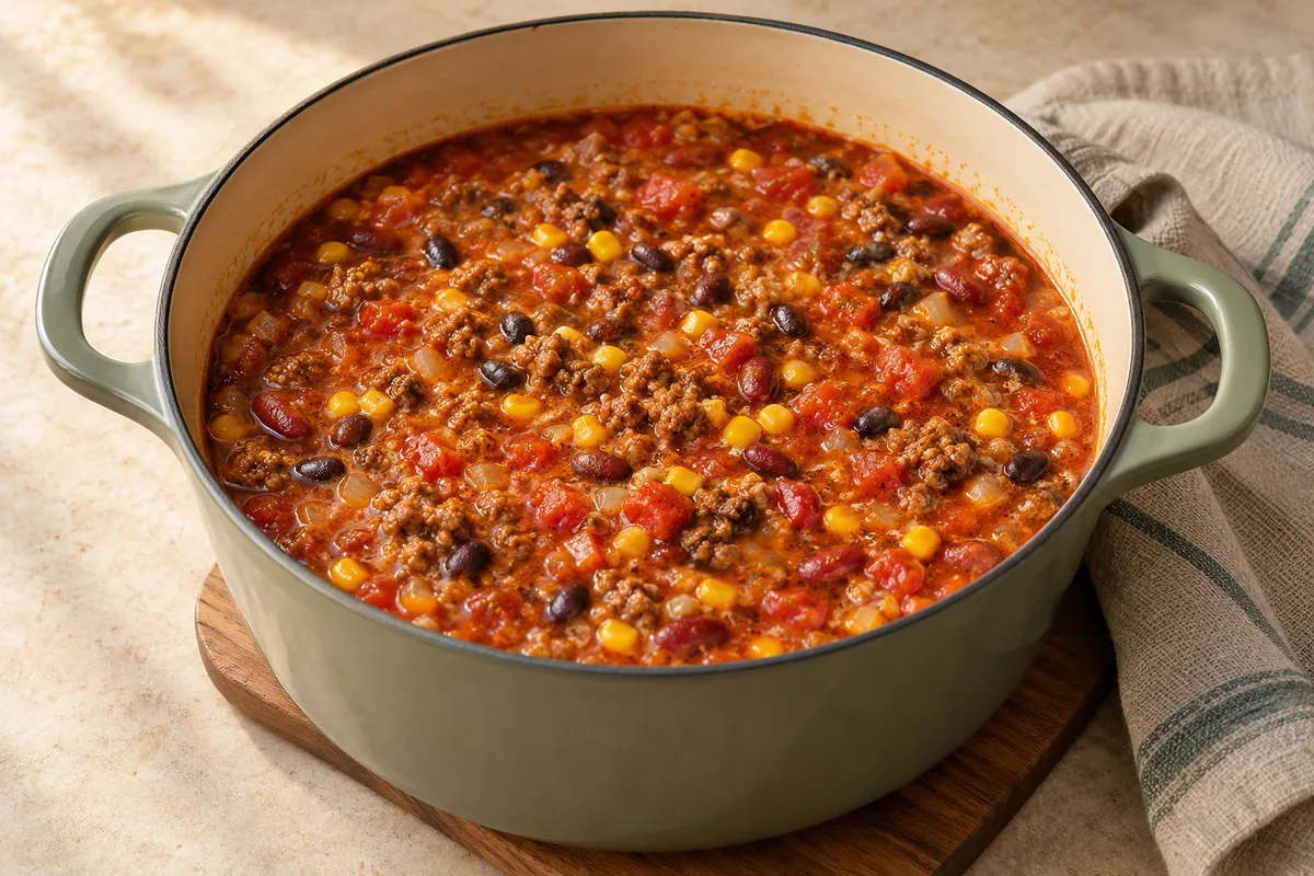 Add the diced tomatoes, tomato sauce, broth, both cans of beans and the corn. Bring to a boil, then lower the heat and simmer 8 minutes, stirring now and then.