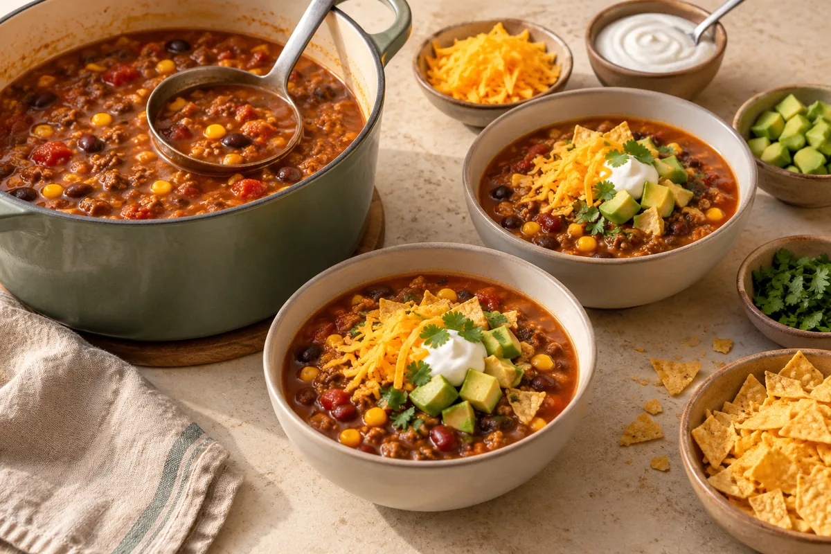 Ladle into bowls and add cheese, sour cream, avocado, cilantro and tortilla chips at the table.