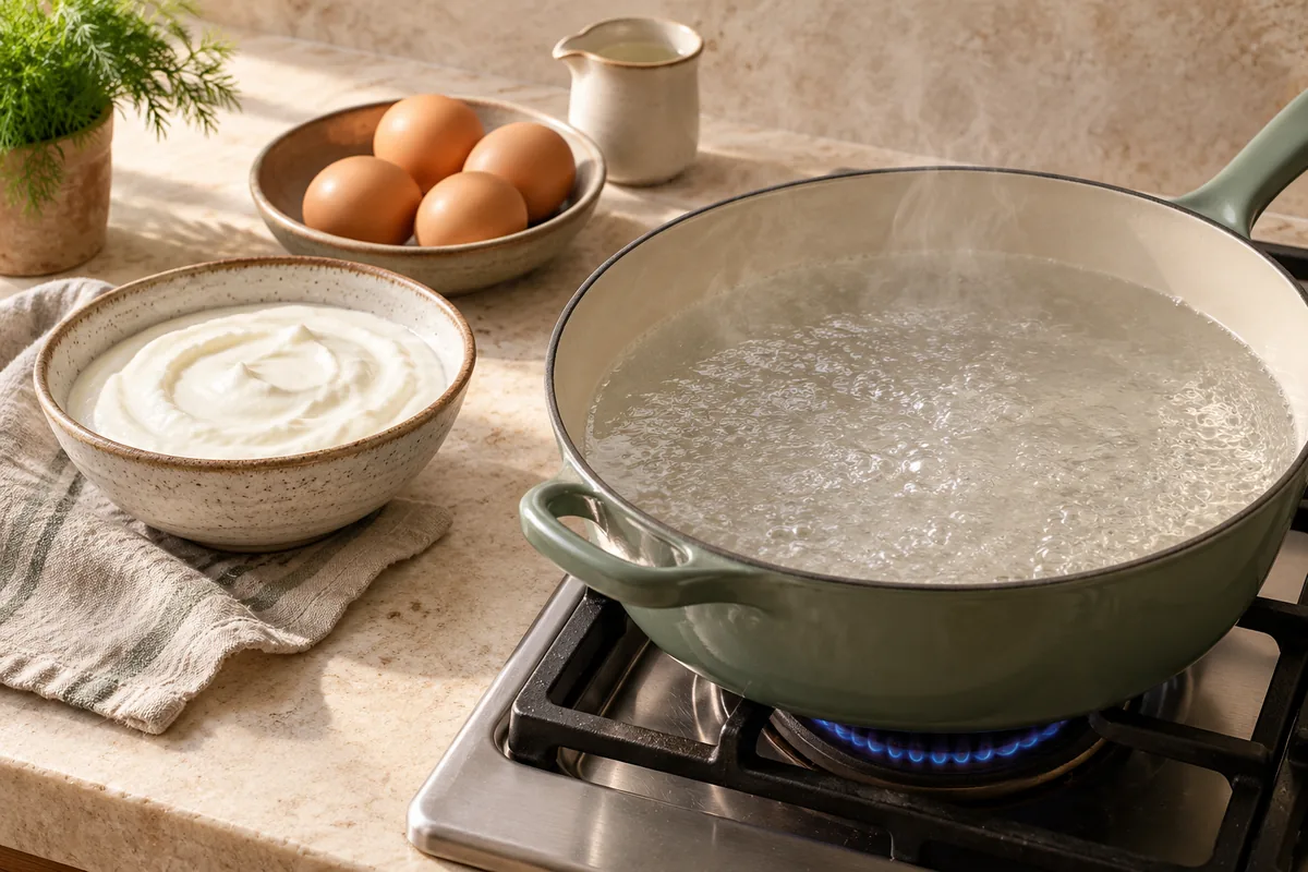 Take the yogurt out of the fridge first so it can lose its chill. Fill a wide saucepan or deep skillet with about 3 inches of water, add the vinegar and bring to a bare simmer over medium heat.